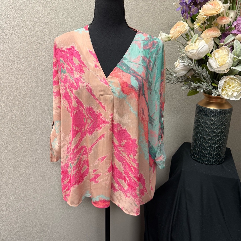 Umgee Abstract V-Neck Blouse Pink Teal Oversized Boho Top Small